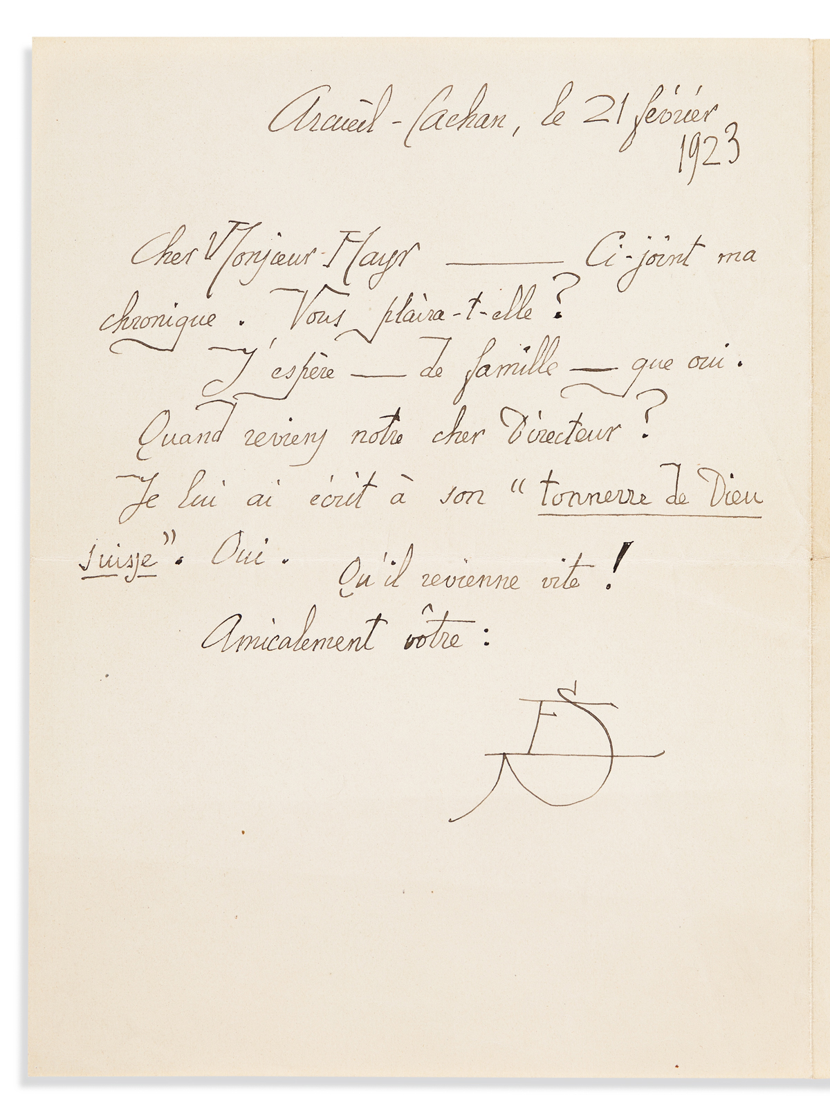 SATIE, ERIK. Autograph Letter Signed, with his monogram (ES), to editor of Les Feuilles libres Wieland Mayr (Dear Mr. Mayr), in Fre